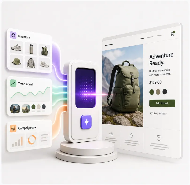 Twubsy launcher turning inventory, trend signals, and a campaign goal into a live product page