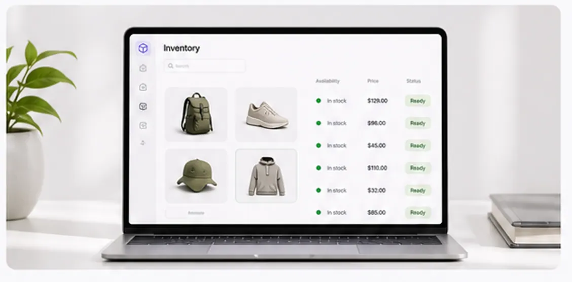 Inventory dashboard displayed on a laptop beside a desk plant
