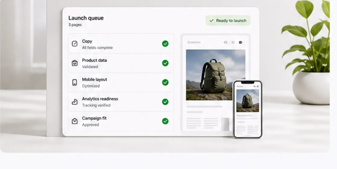 Launch queue showing copy, product data, and analytics checks before publish